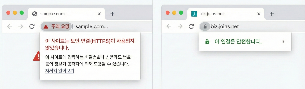 브라우저 주소창의 '주의 요함' 경고와 SSL이 적용된 안전한 자물쇠 아이콘 비교 예시 화면